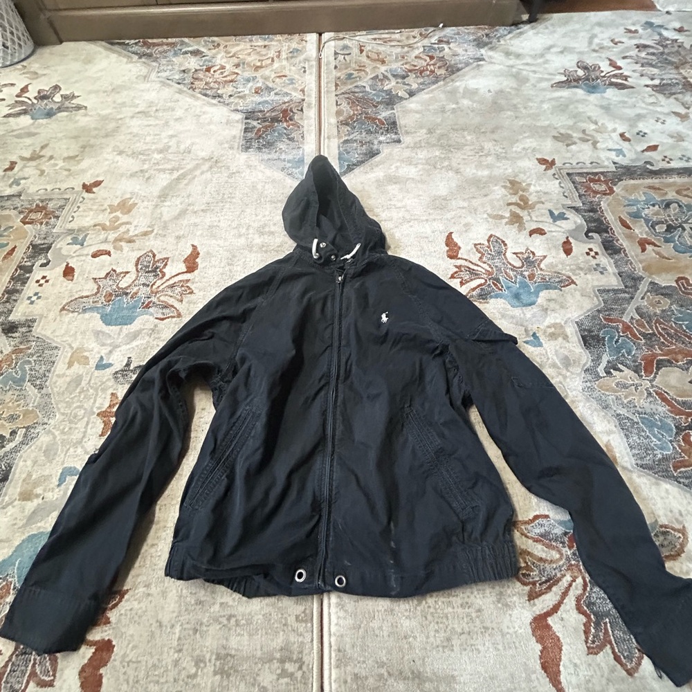 Polo by Ralph Lauren Black Windbreaker with Hood and Full-Length Zipper